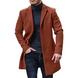 Gafeng Men’s Brown  Long Winter Coat Slim Fit Cotton Business Overcoat
